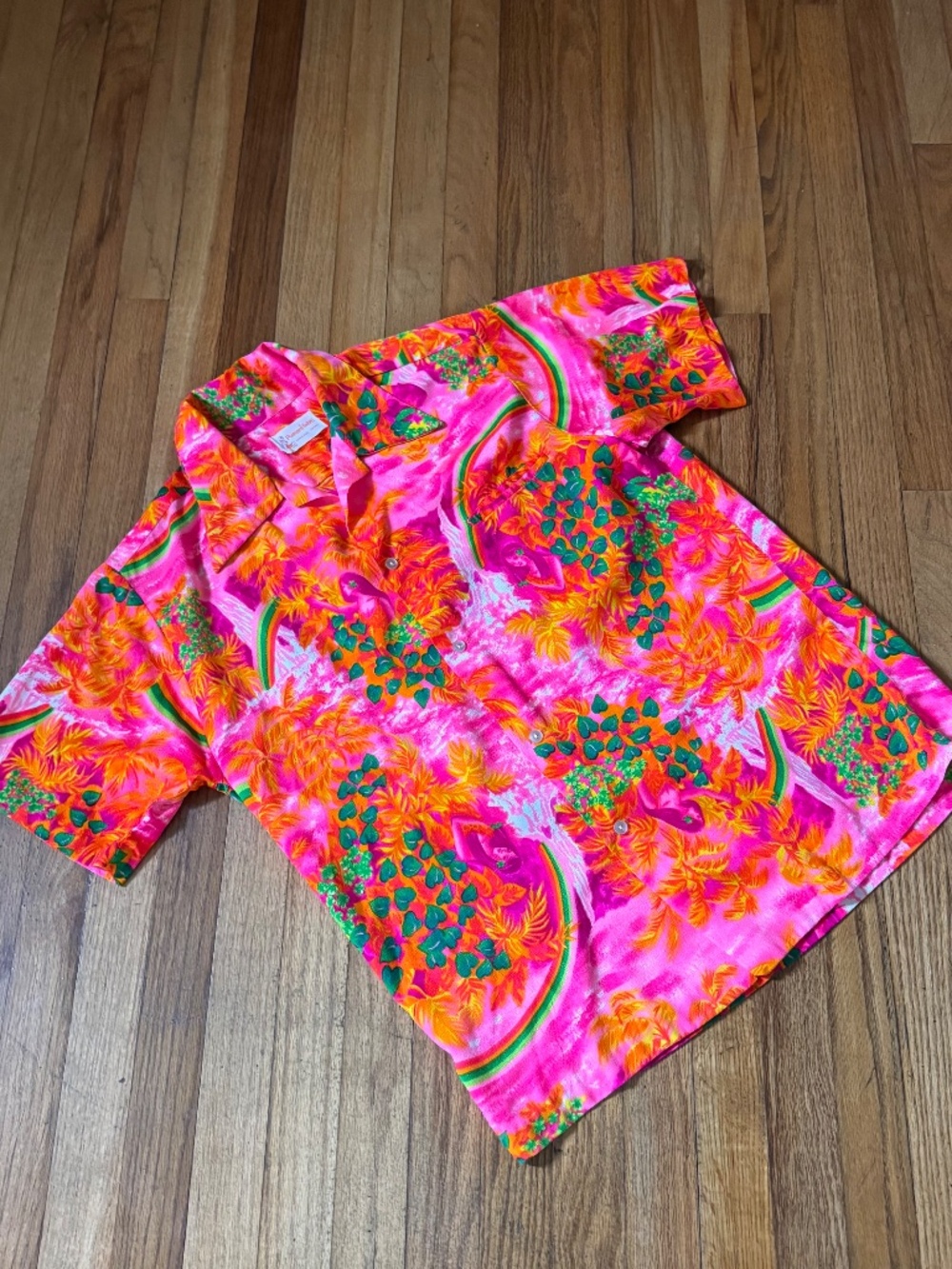 VINTAGE Pomare Tahiti Button-Up Shirt Men's M Pink Floral Beach 60s 70s - Picture 2 of 5